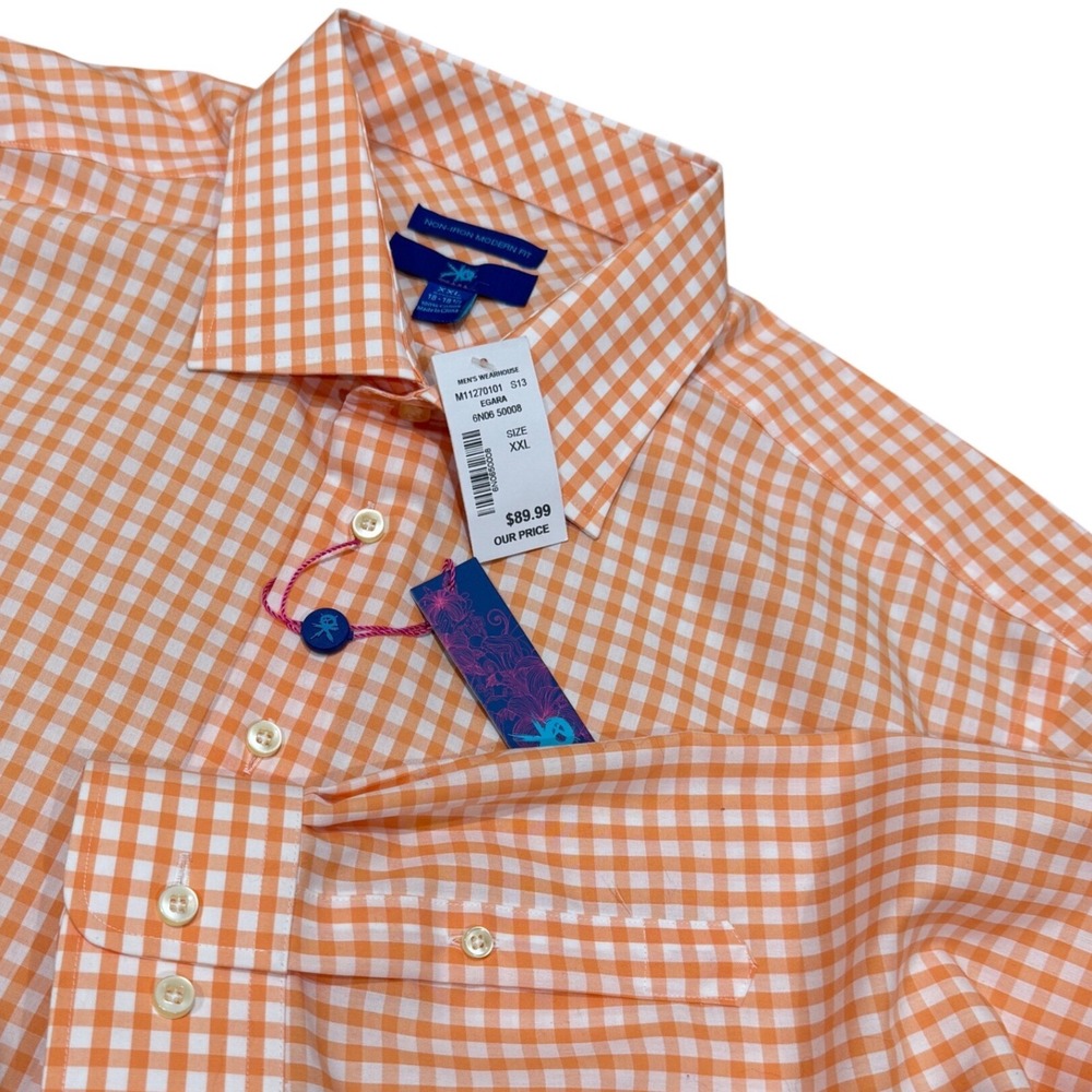 Egara Mens XXL Orange Gingham Non-Iron Modern Fit Dress Shirt 18-18.5 NWT